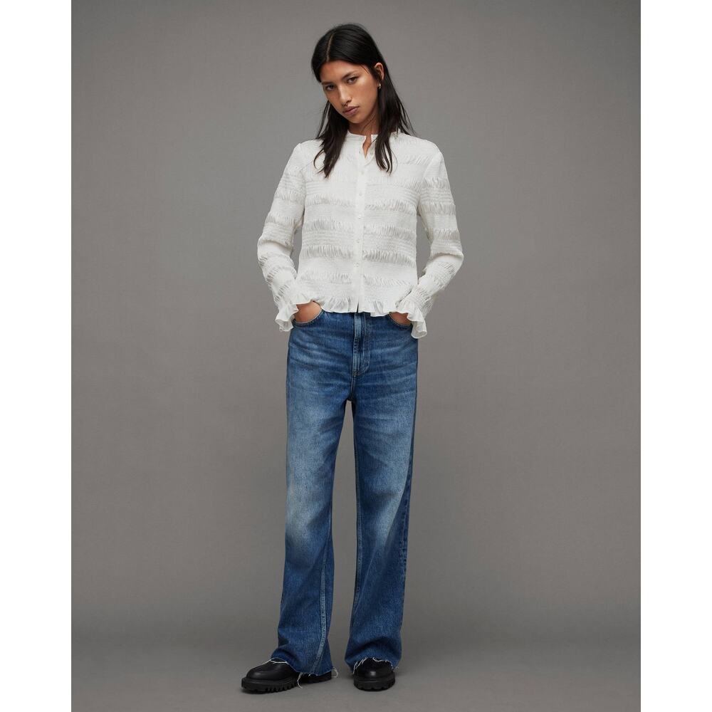 AllSaints 'Meg' Mandarin Collar Long Sleeve Smocked Top White Size 8